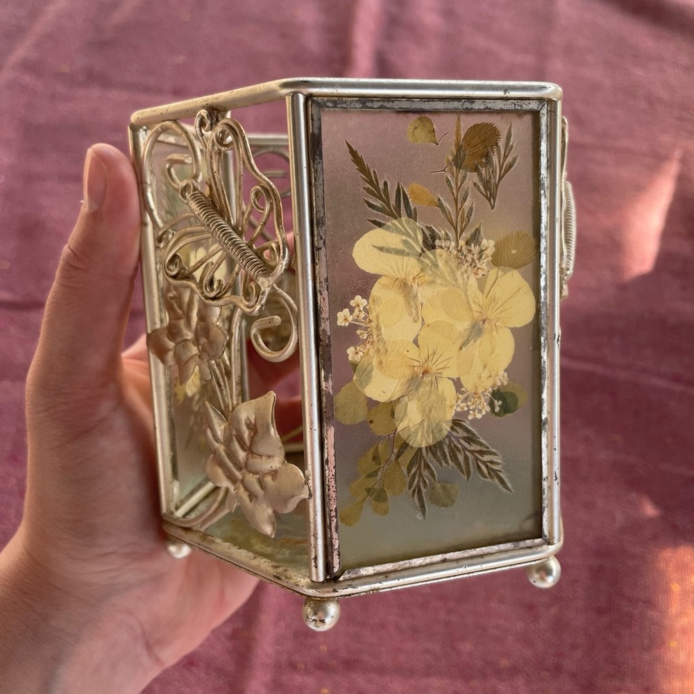 Vintage | Gold Tone Pressed Flowers Metal Butterfly Candle Holder